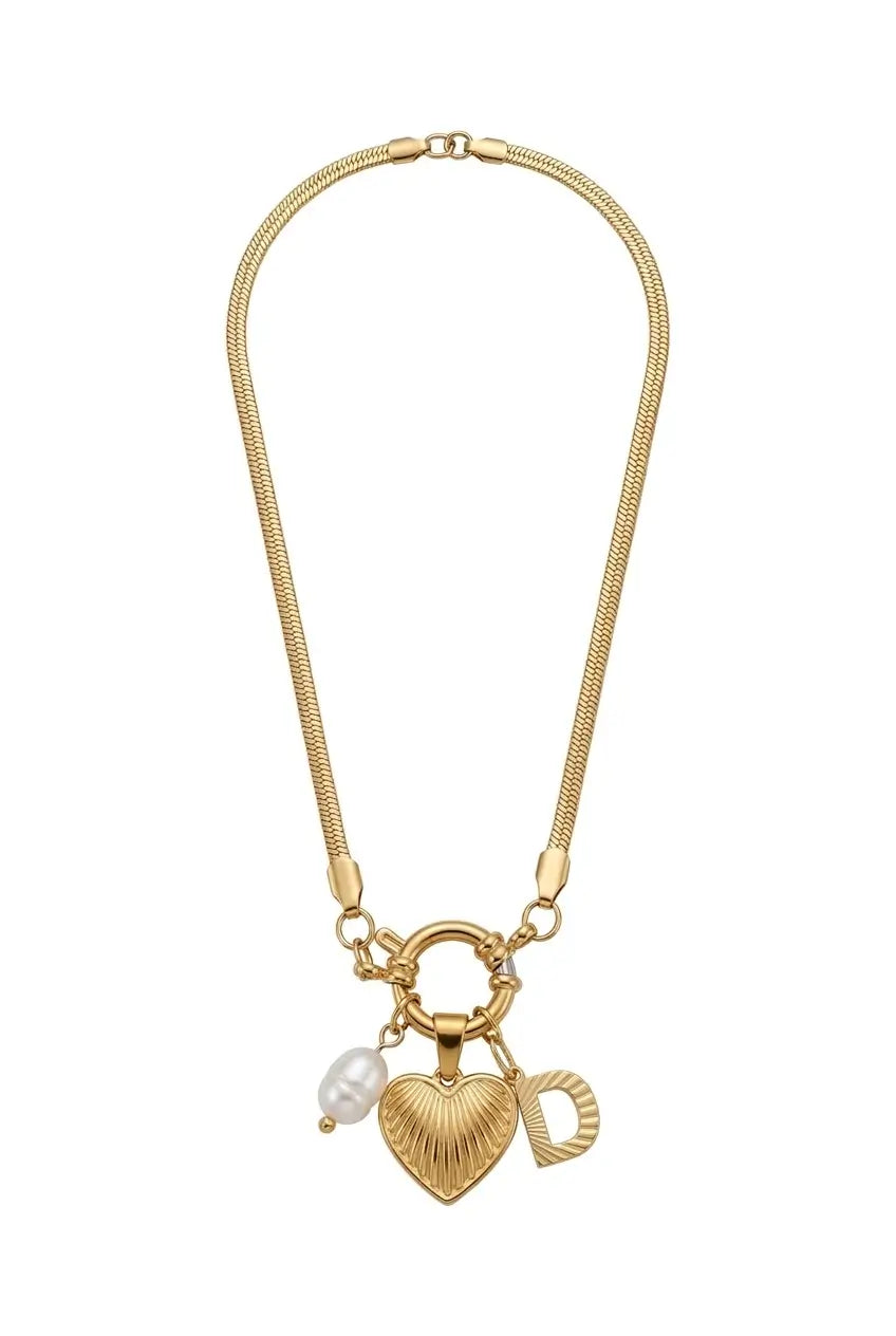Gold-tone chain necklace with a toggle clasp and three charms: a textured heart, a small open heart, and a white pearl bead.