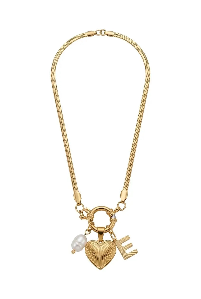 A gold-tone chain necklace featuring a heart-shaped charm, a small pearl bead, and a stylized letter 'E' charm, displayed on a clean white background.