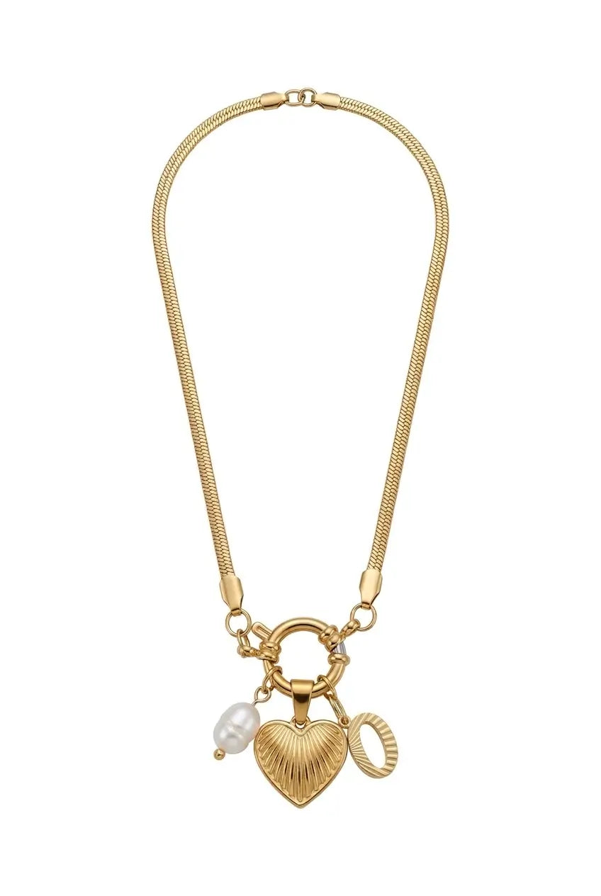 Gold-tone chain necklace with a toggle clasp and three charms: a textured heart, a small open heart, and a white pearl bead.