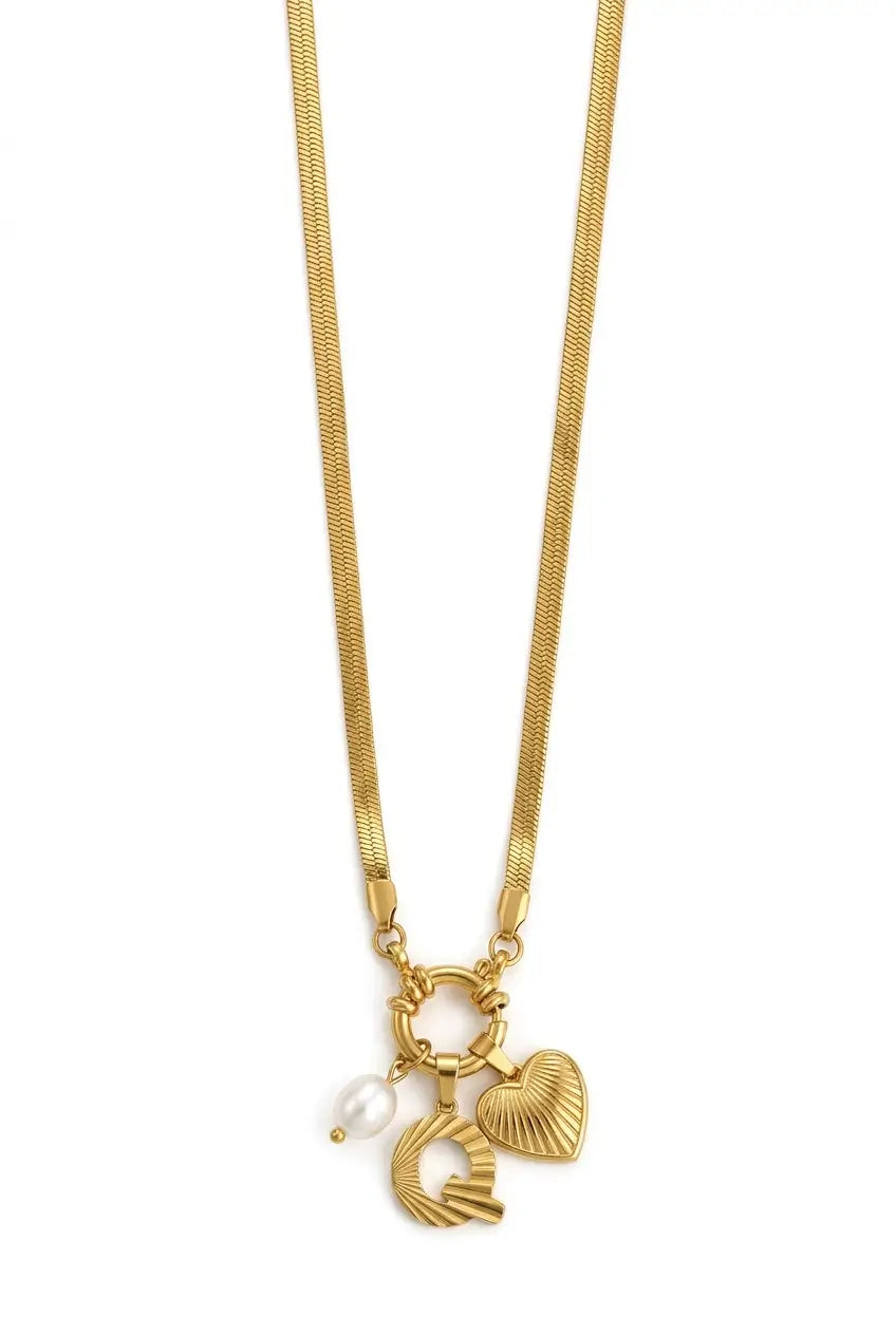 A gold-tone snake chain necklace featuring three charms: a textured gold heart, a gold crescent moon, and a small white pearl bead, displayed against a solid white background.