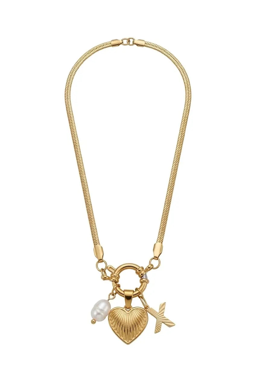 A gold-toned snake chain necklace featuring a heart-shaped charm with a textured ribbed finish, a small white pearl bead, and a bird charm, displayed on a clean white background.