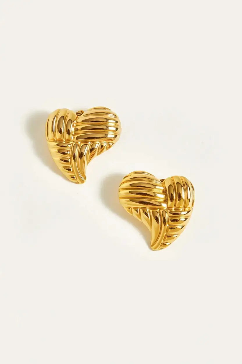 Woven heart stud earrings editorial — YUBAMA 18K gold PVD waterproof earrings