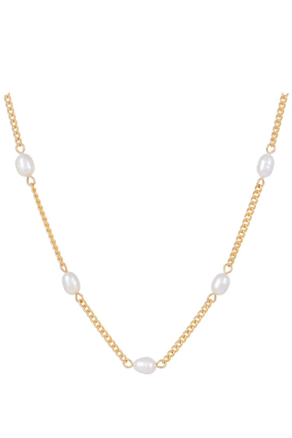 A delicate gold chain necklace featuring five evenly spaced, small white baroque pearls, displayed against a solid white background.