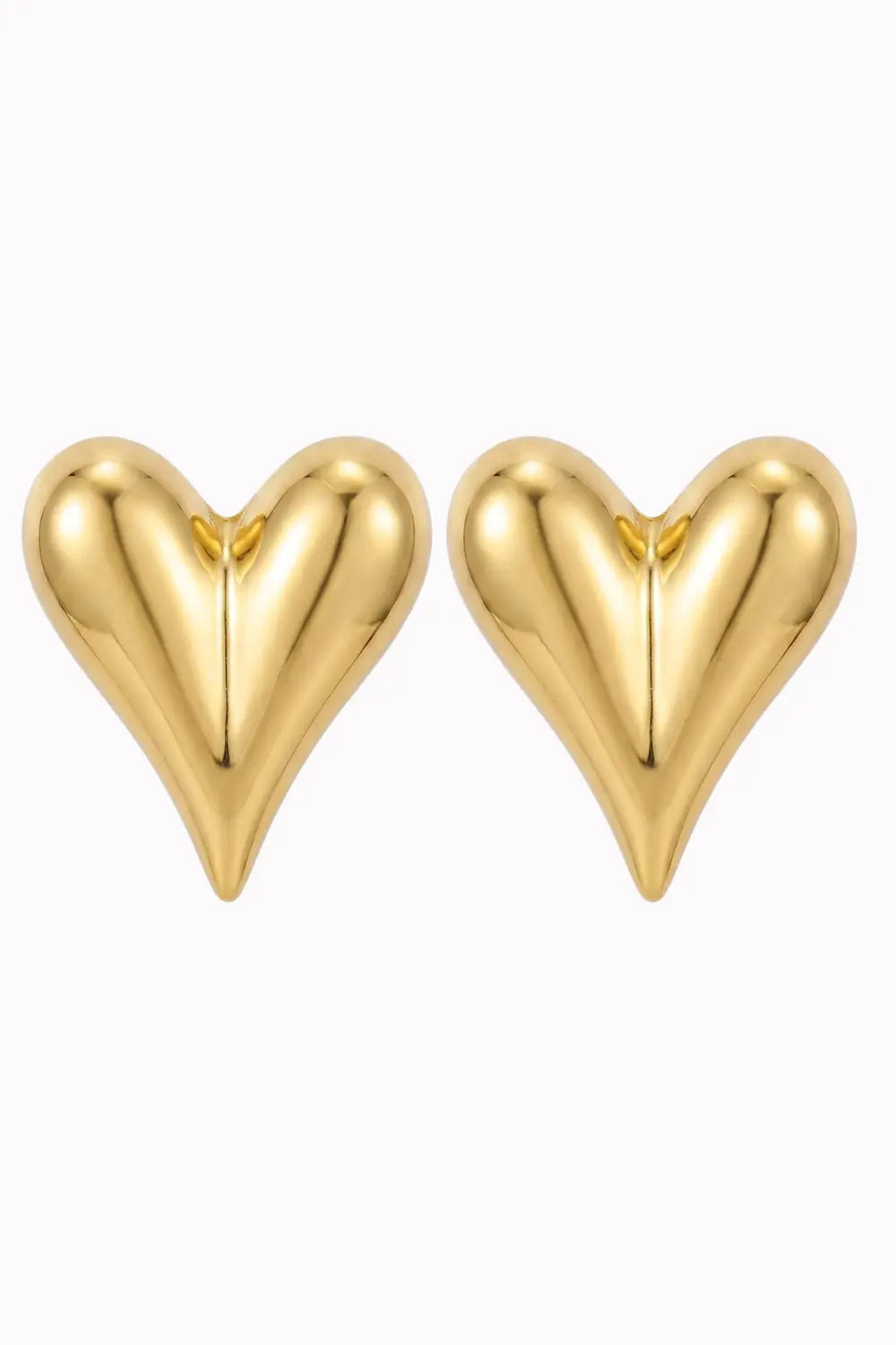 A pair of shiny gold heart-shaped stud earrings on a plain white background.