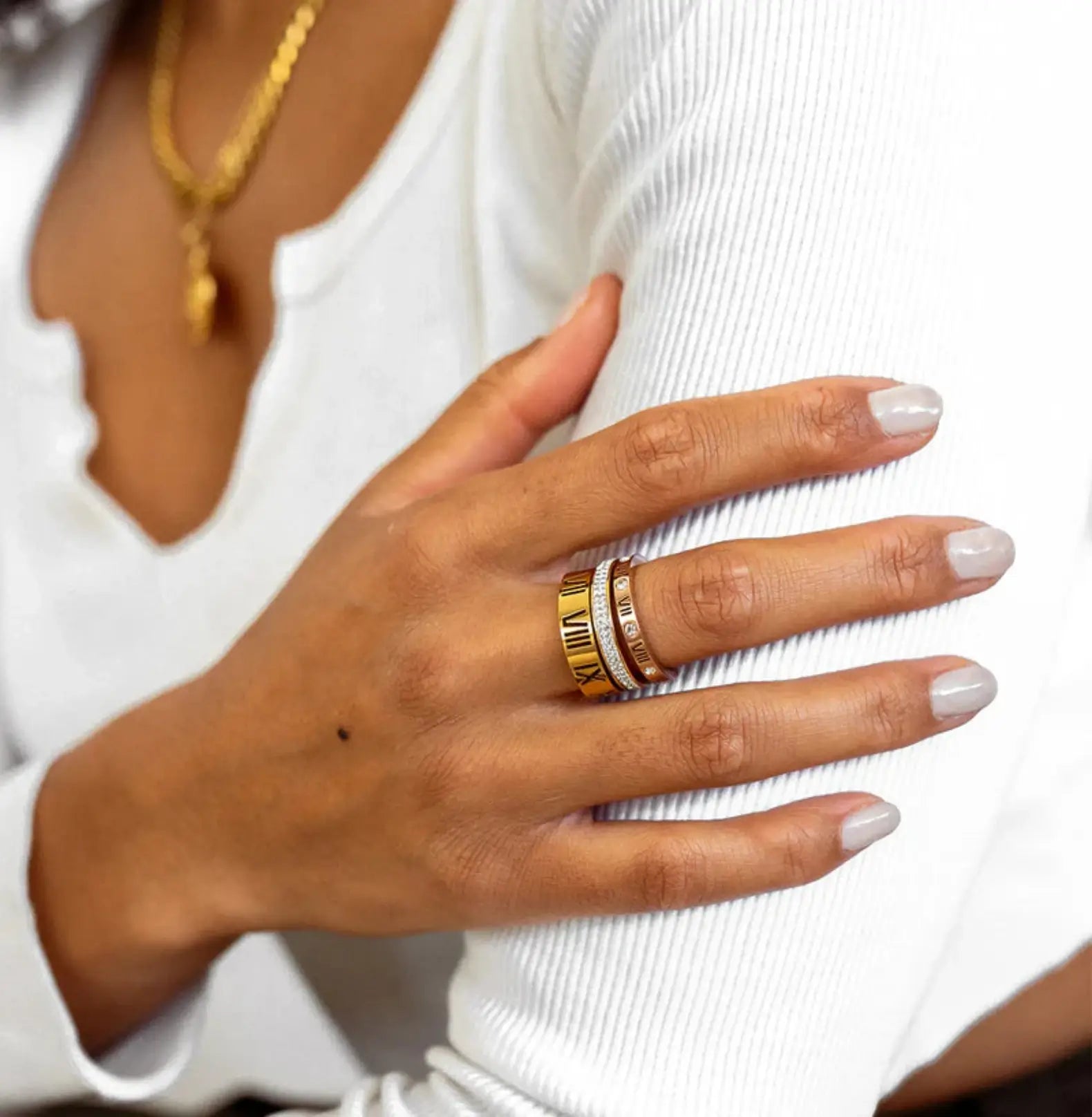 TRIPLE STACK STONE RING - GOLD