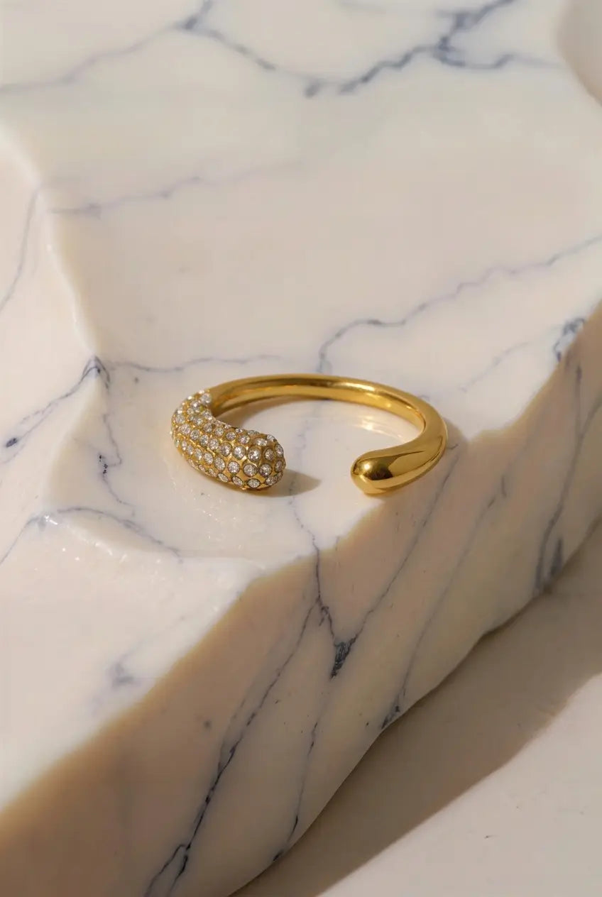 Half pavé open ring on marble — YUBAMA 18K gold PVD crystal open ring
