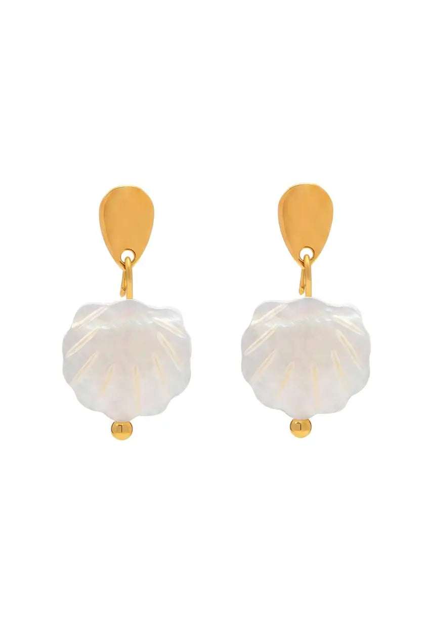 A pair of gold and white drop earrings featuring a scalloped white shell-shaped charm suspended from a polished gold teardrop post, shown against a plain white background.