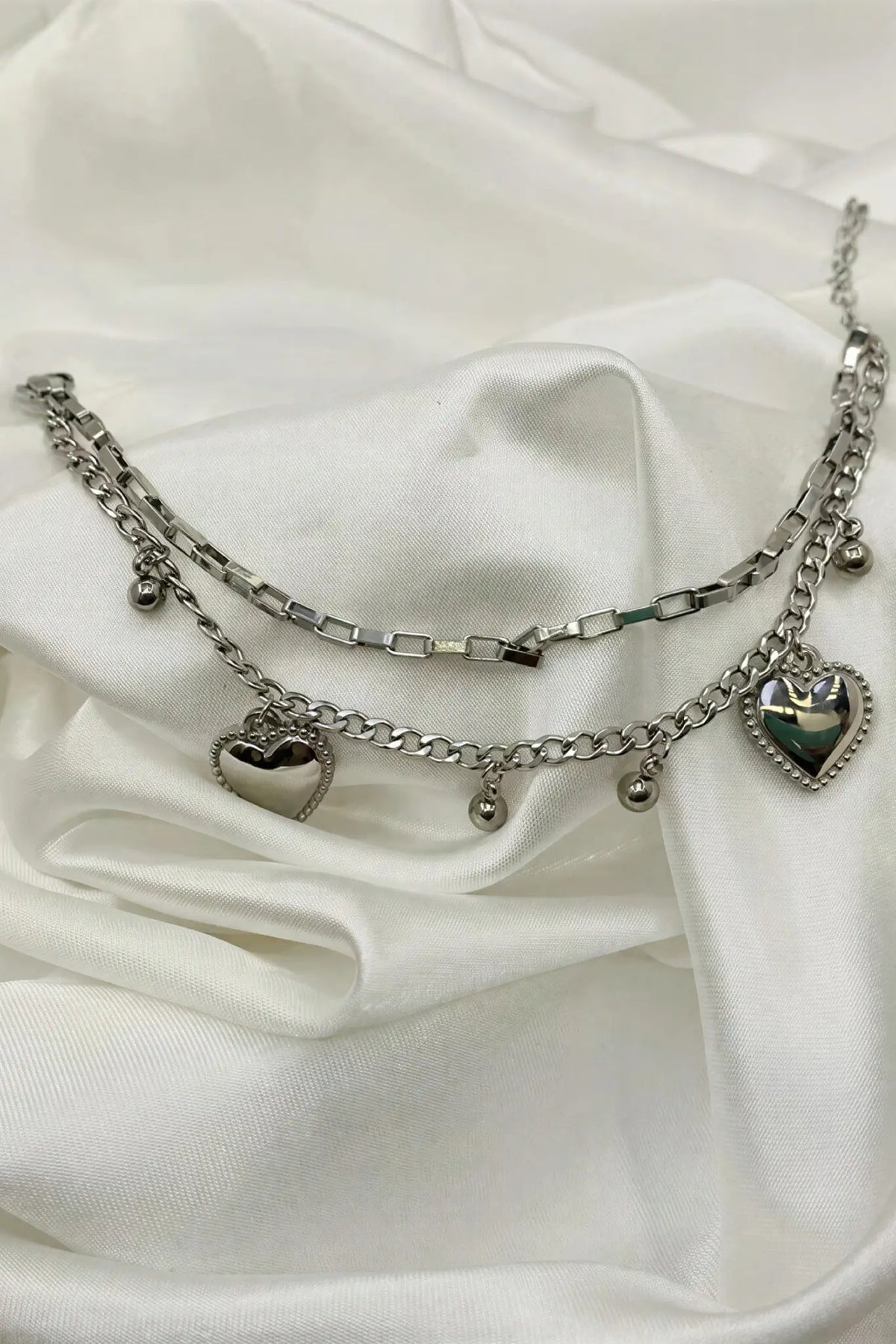 Layered heart charm bracelet silver — YUBAMA 316L stainless steel heart charm bracelet