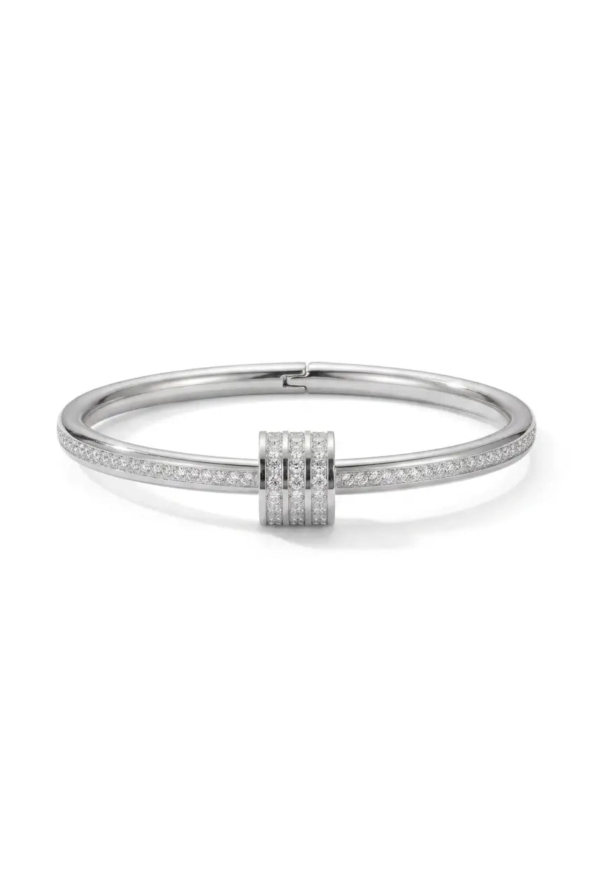 Pavé crystal nail cuff bangle silver — YUBAMA 316L stainless steel waterproof bangle