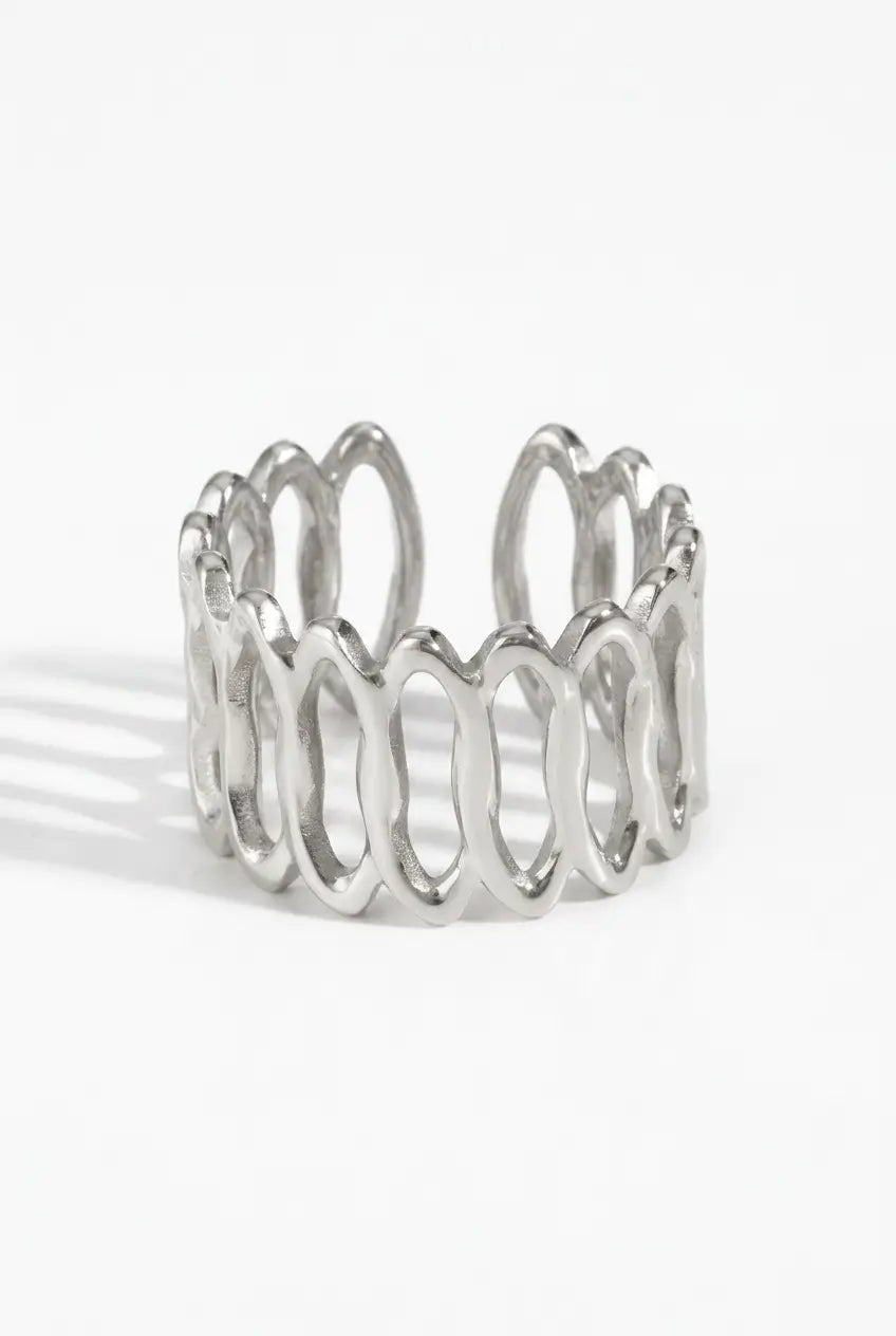 Open oval lattice ring silver — YUBAMA 316L stainless steel adjustable ring