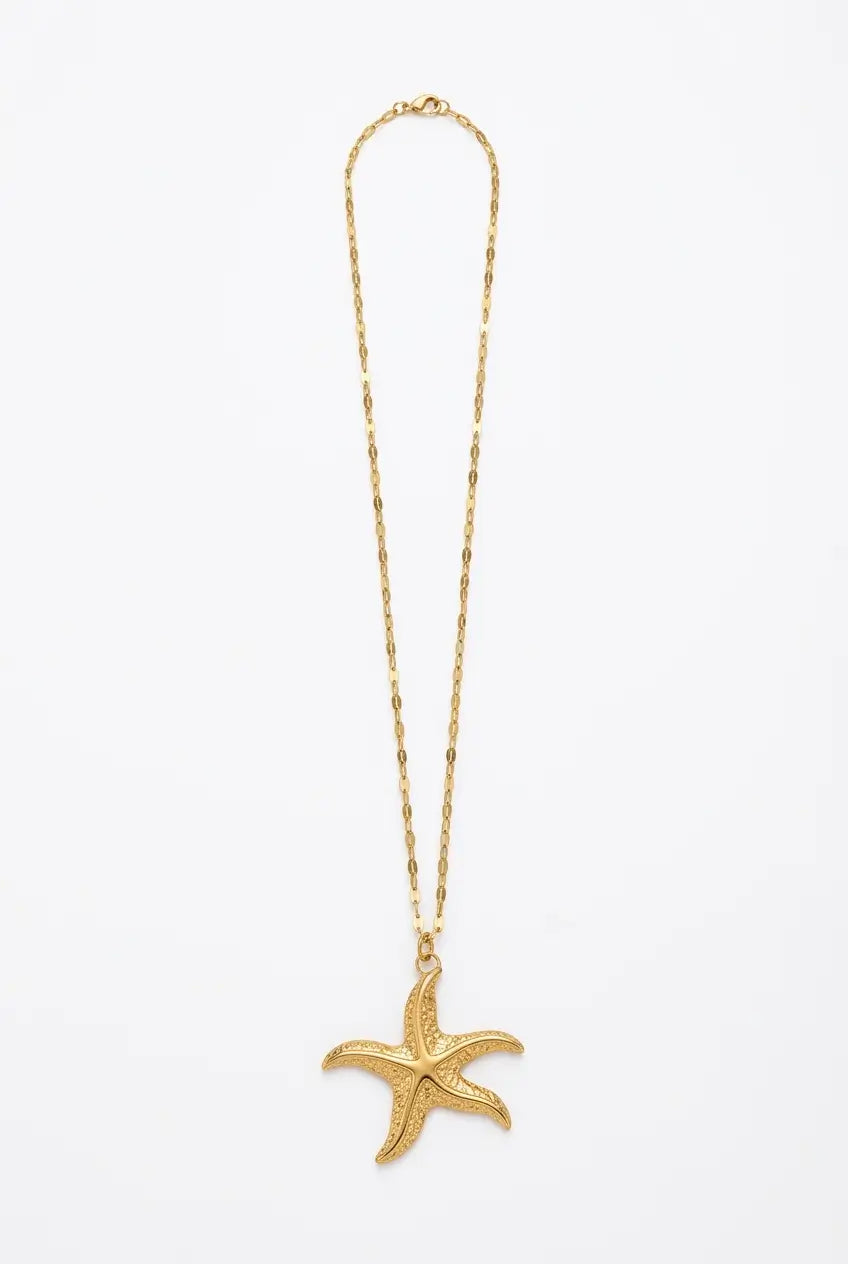 A gold starfish pendant necklace on a delicate gold chain, displayed against a clean white background.