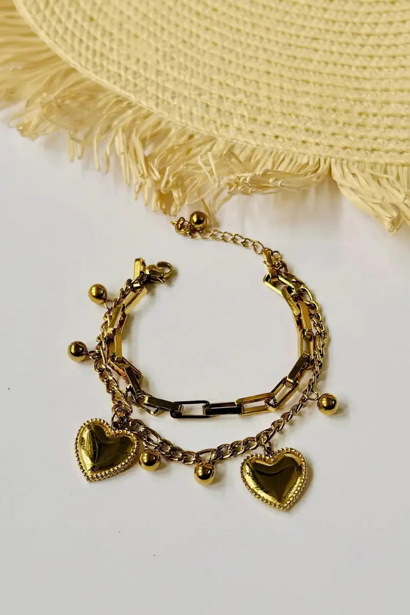 Layered heart charm bracelet summer lifestyle — YUBAMA waterproof gold heart bracelet