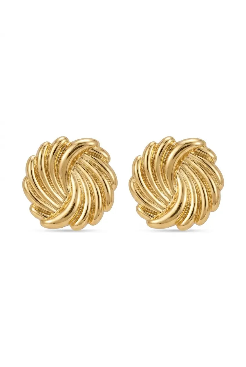 A pair of gold-toned twisted rope stud earrings on a plain white background.