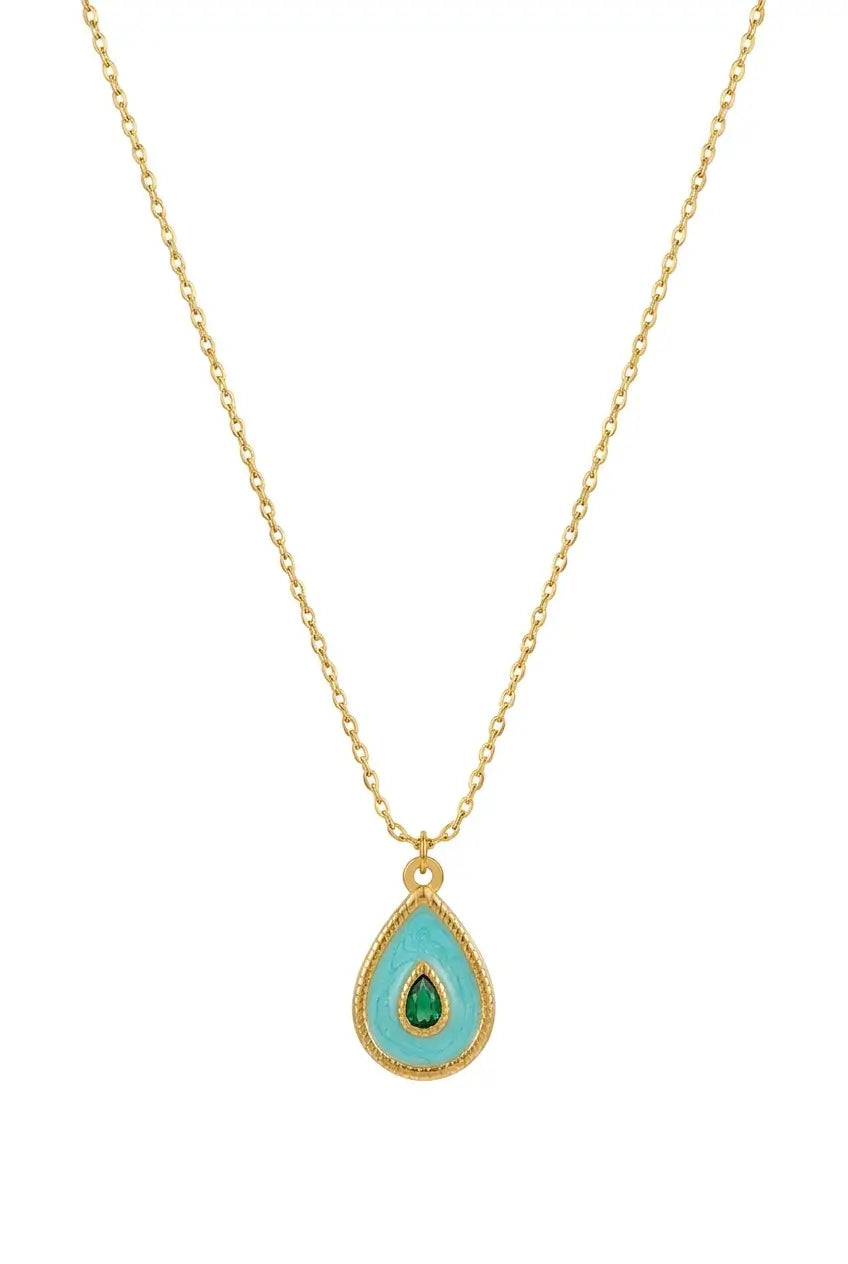 A gold teardrop pendant necklace featuring a light turquoise enamel body with a small green teardrop gemstone at the center, displayed on a clean white background.