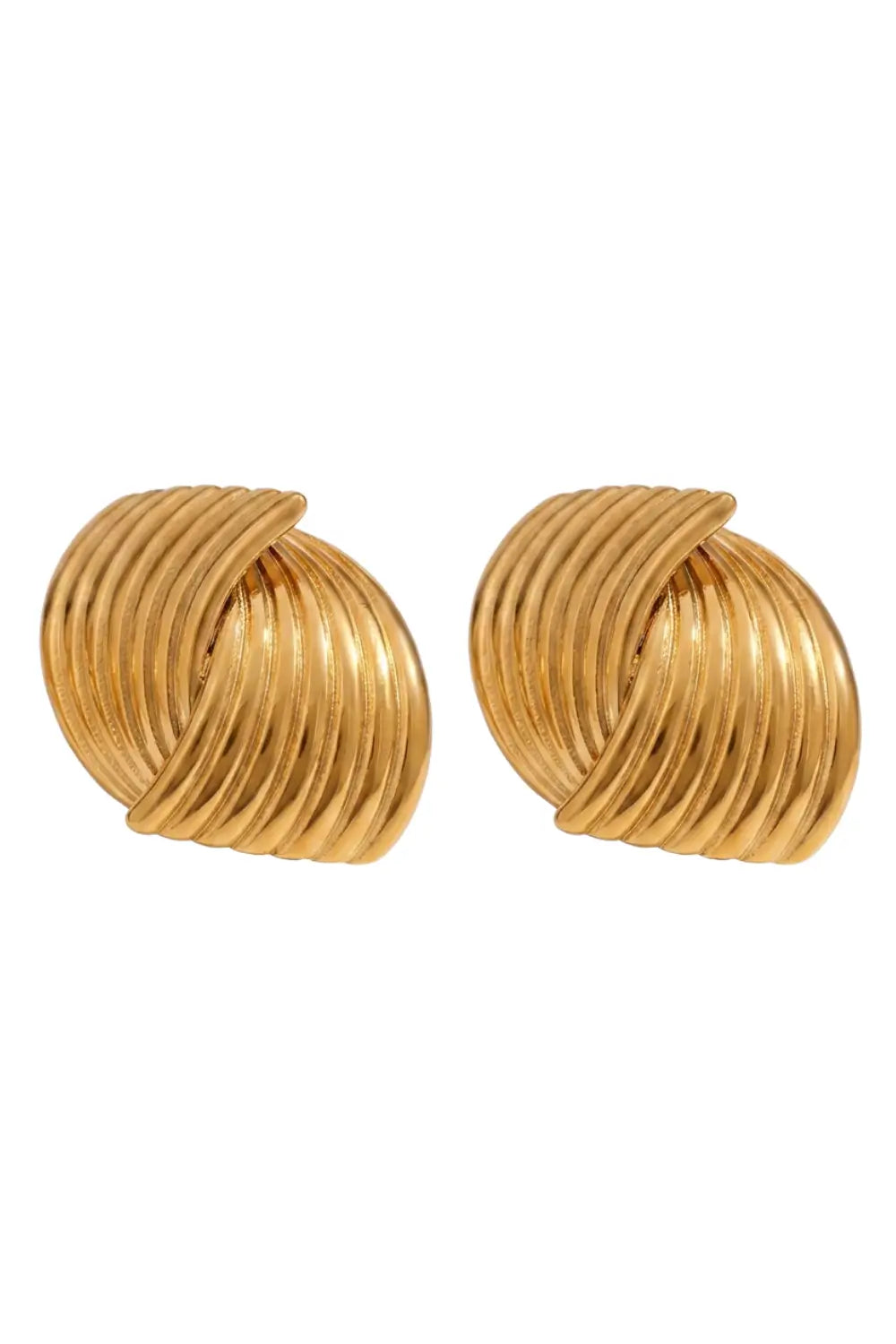 A pair of gold-toned, textured spiral hoop earrings on a plain white background.