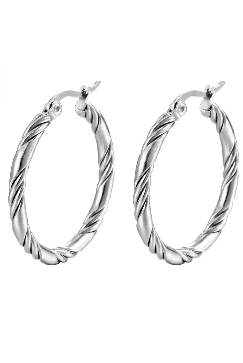 A pair of silver-toned twisted hoop earrings with a textured, rope-like surface and secure post backings, shown against a plain white background.