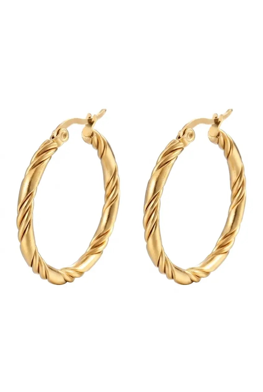 A pair of gold hoop earrings with a twisted rope texture, displayed against a solid white background.