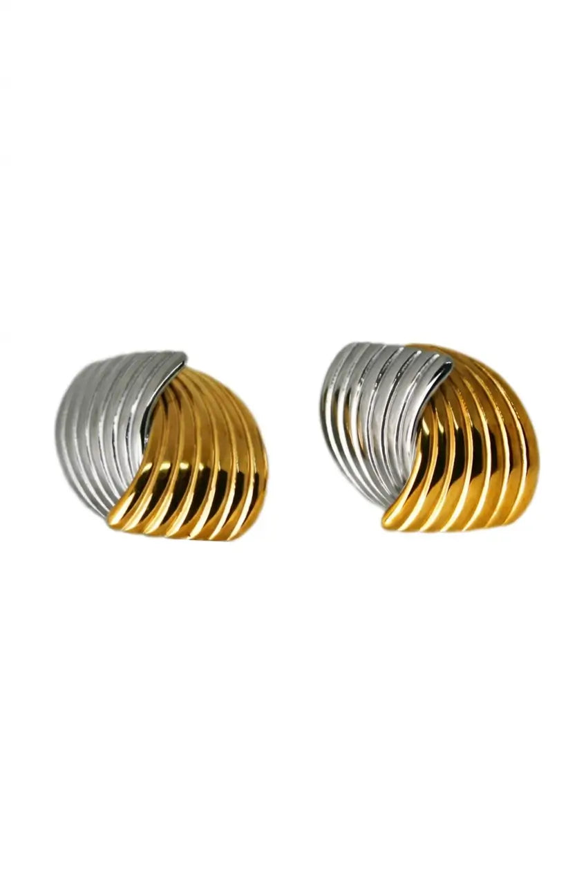 Two-tone wire coil stud earrings gold silver — YUBAMA waterproof 316L stainless steel studs 1 pair