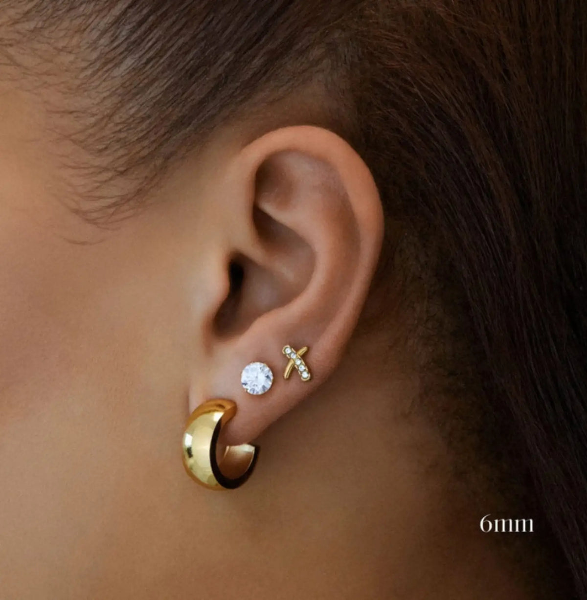Crystal zircon stud earrings 6mm worn on ear — YUBAMA waterproof stainless steel studs