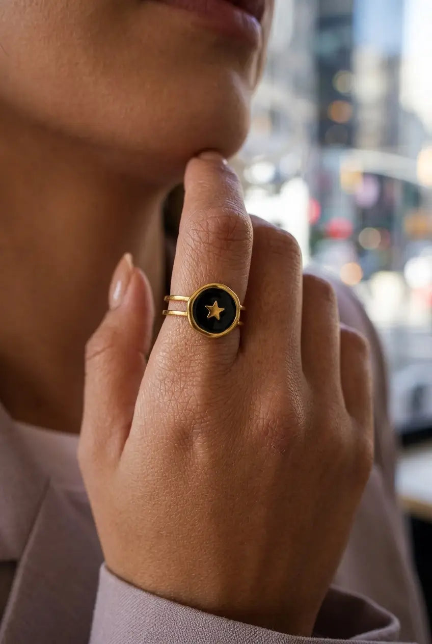 Star enamel disc ring black worn on finger — YUBAMA waterproof gold adjustable ring
