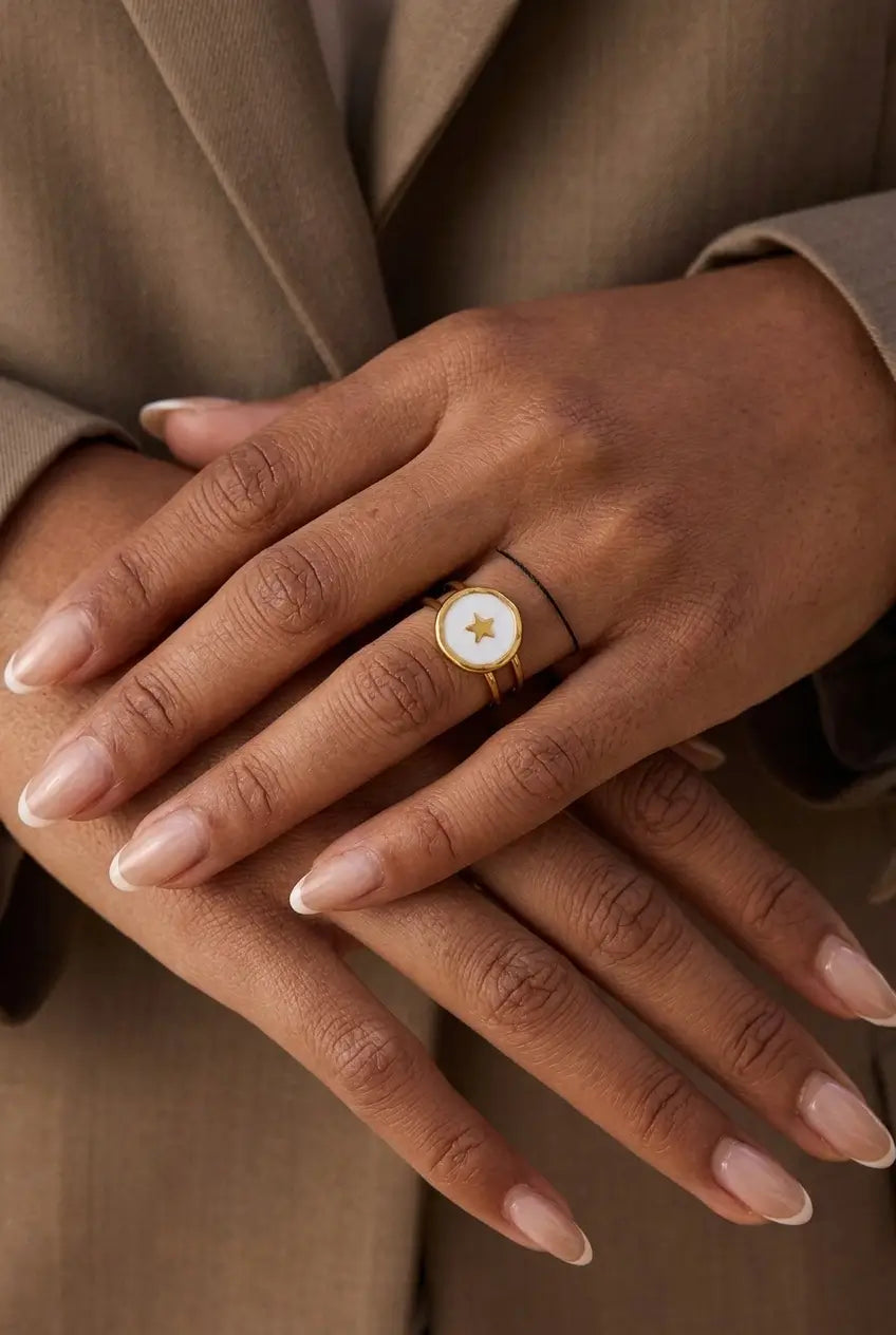 Star enamel disc ring worn on finger — YUBAMA 18K gold PVD open ring