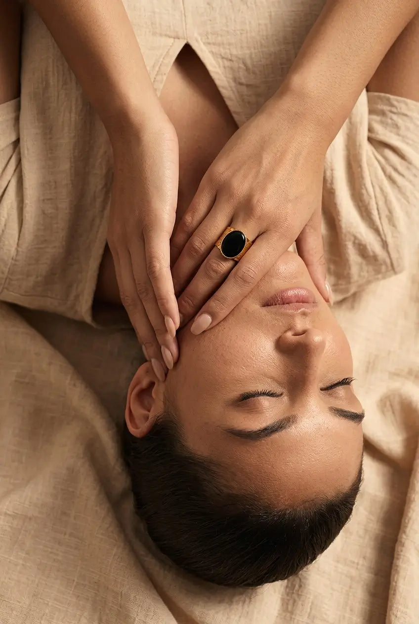Hammered oval stone ring lifestyle — YUBAMA waterproof gold adjustable statement ring