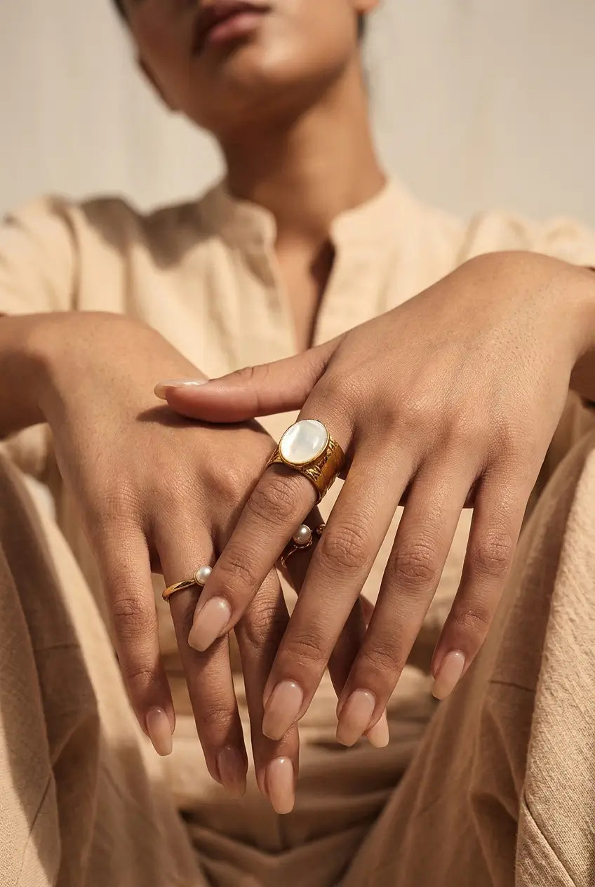 Hammered oval stone ring worn on hands — YUBAMA 18K gold PVD wide band ring
