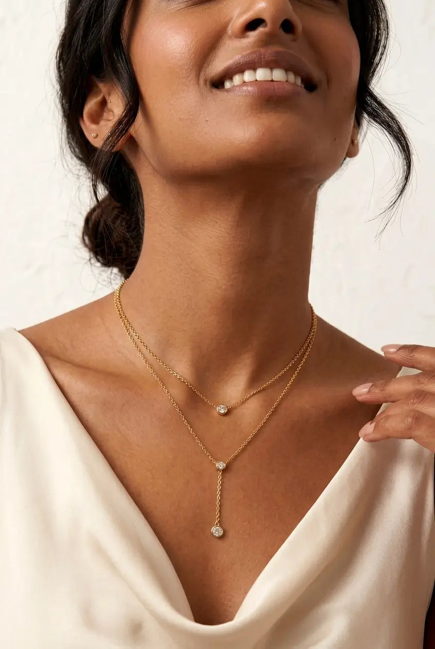 Crystal Y-lariat necklace lifestyle — YUBAMA waterproof gold lariat necklace