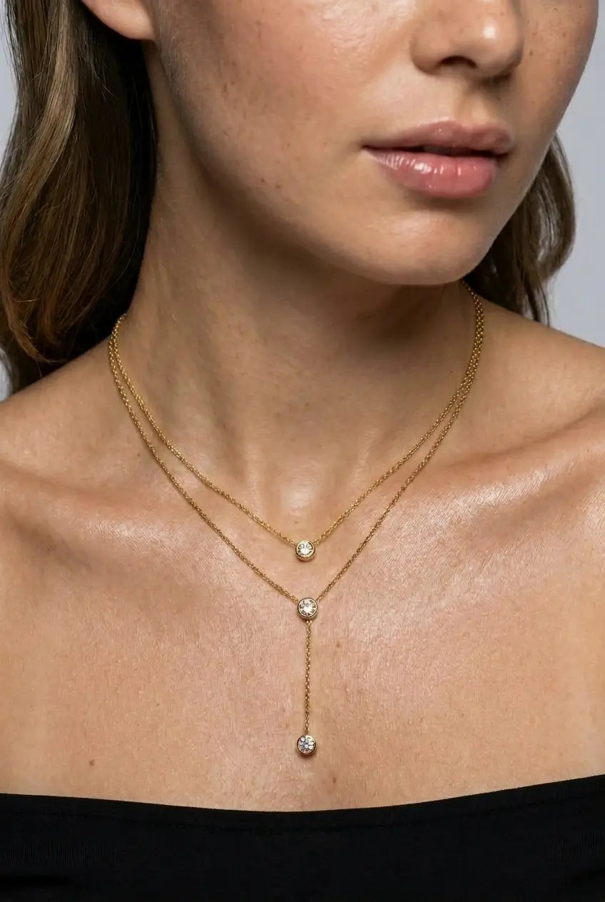 Crystal Y-lariat necklace worn on neck — YUBAMA 18K gold PVD waterproof necklace