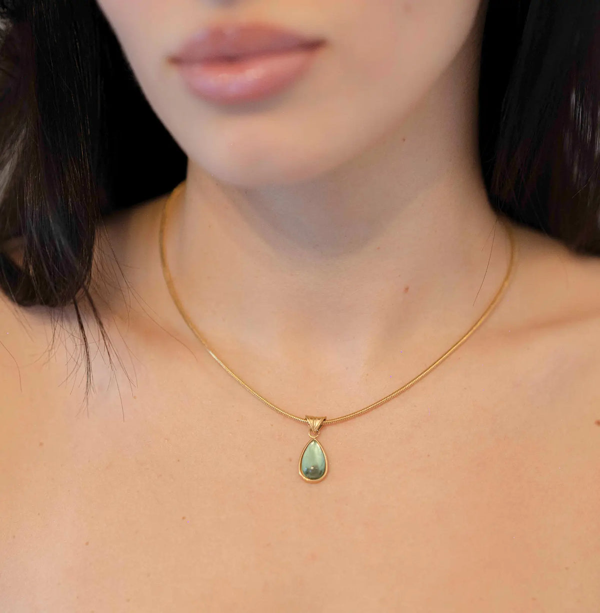 Gem teardrop pendant necklace worn on neck — YUBAMA 18K gold PVD waterproof necklace