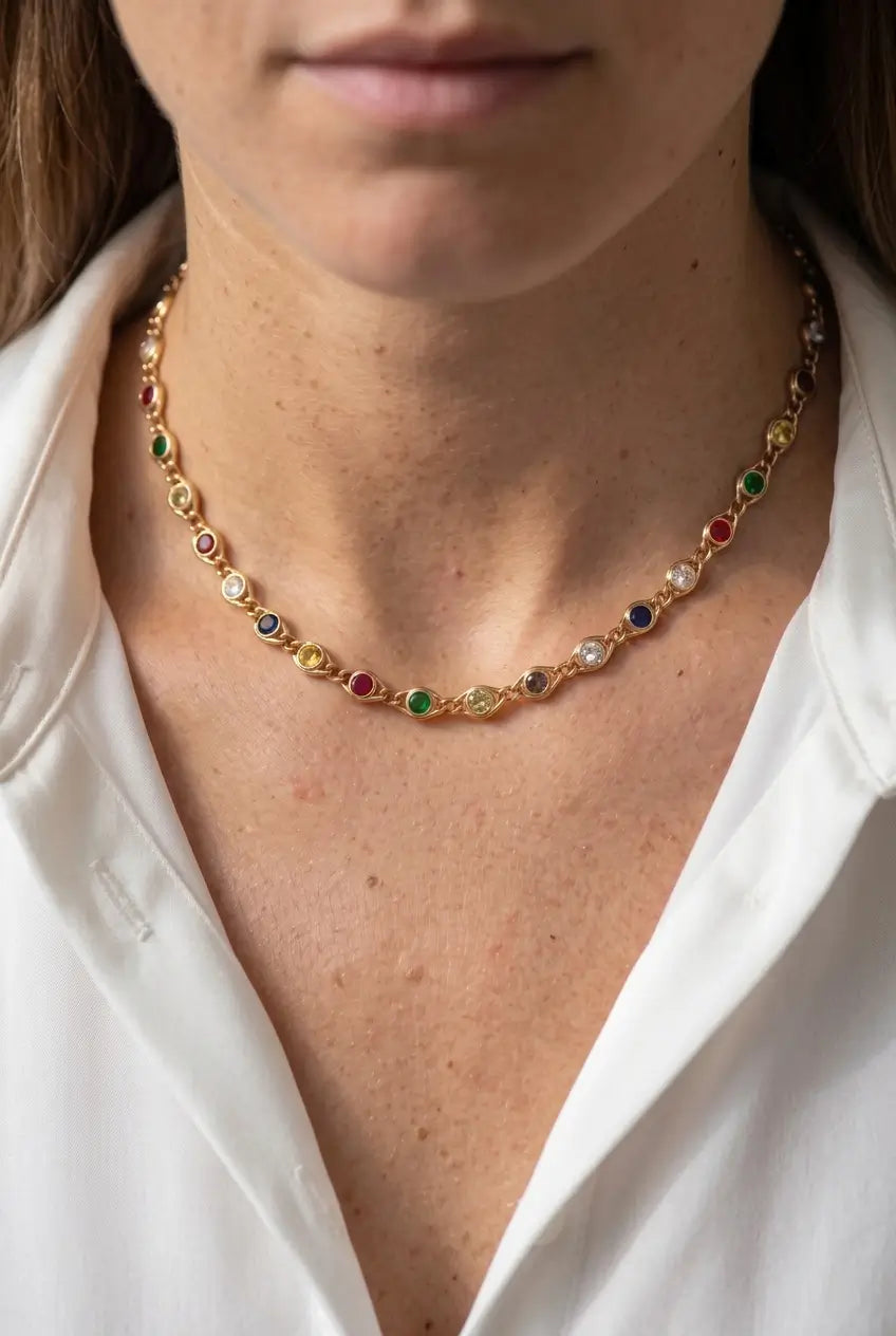 Rainbow crystal chain necklace worn on neck — YUBAMA 18K gold PVD waterproof necklace