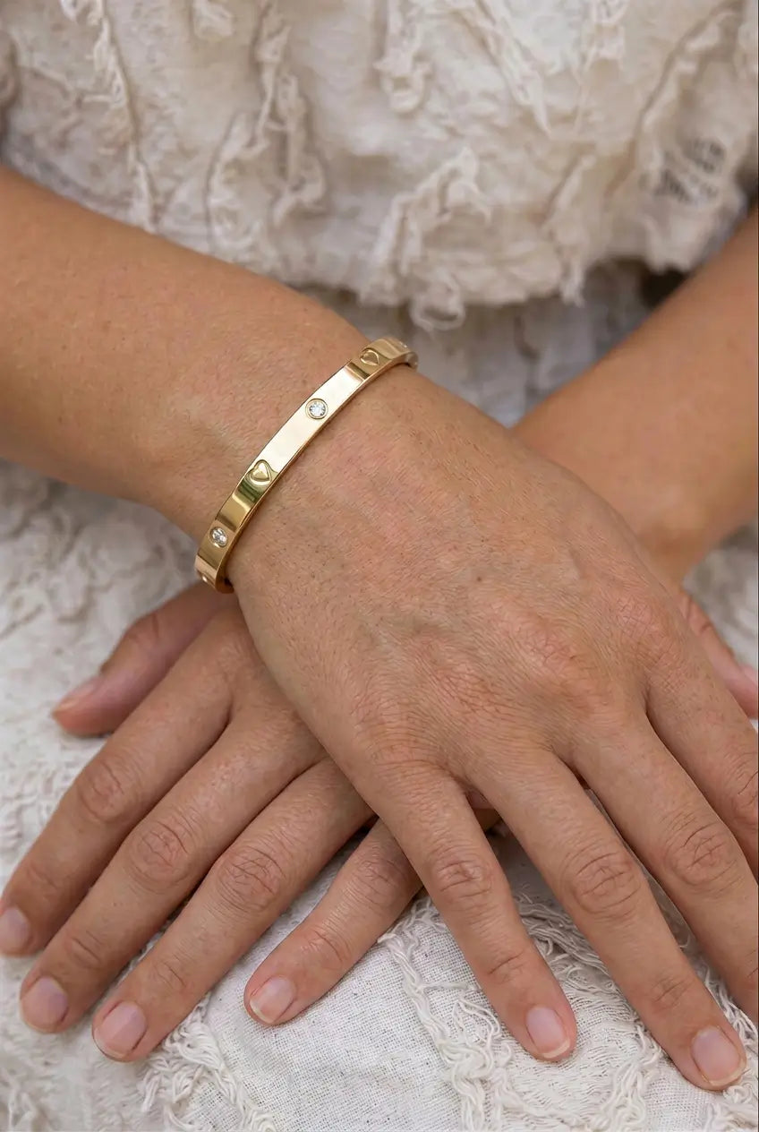Heart engraved crystal bangle worn on wrist bridal — YUBAMA waterproof gold bangle