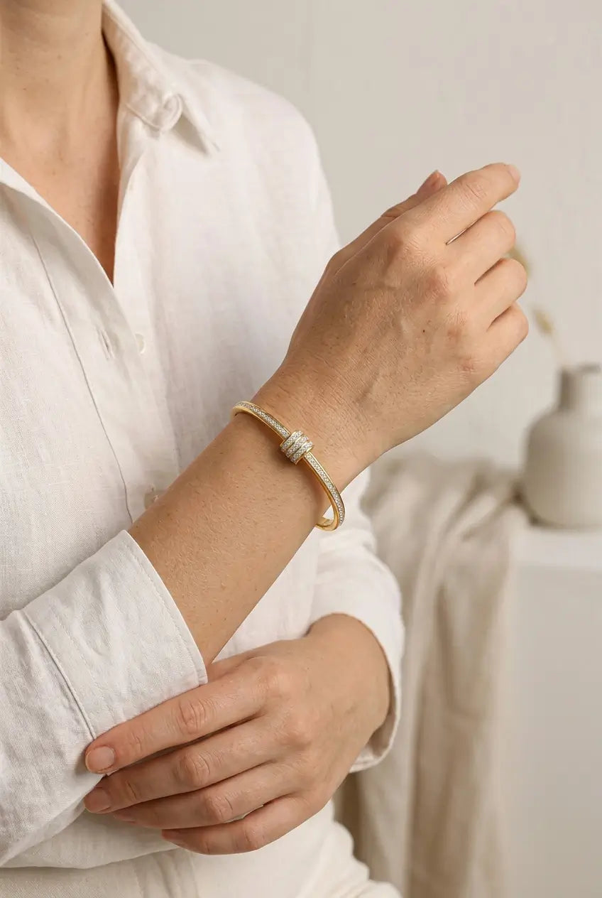 Pavé crystal nail cuff bangle lifestyle — YUBAMA waterproof gold crystal bangle