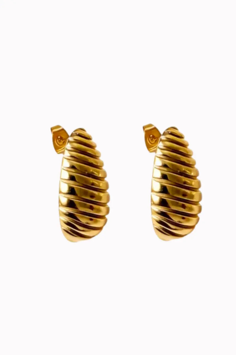 A pair of gold-toned hoop earrings with a textured, ribbed spiral design, shown against a plain white background.