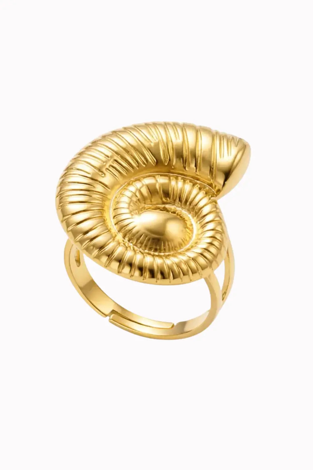 A gold-toned spiral shell ring with a ribbed textured design and an adjustable band, shown on a plain white background.
Details