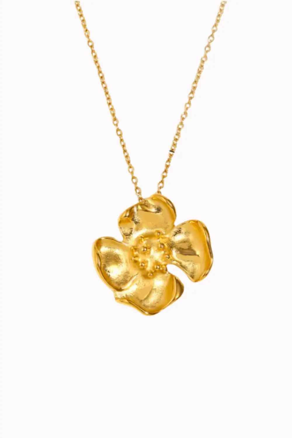 A gold flower pendant necklace on a delicate gold chain, shown against a plain white background.
