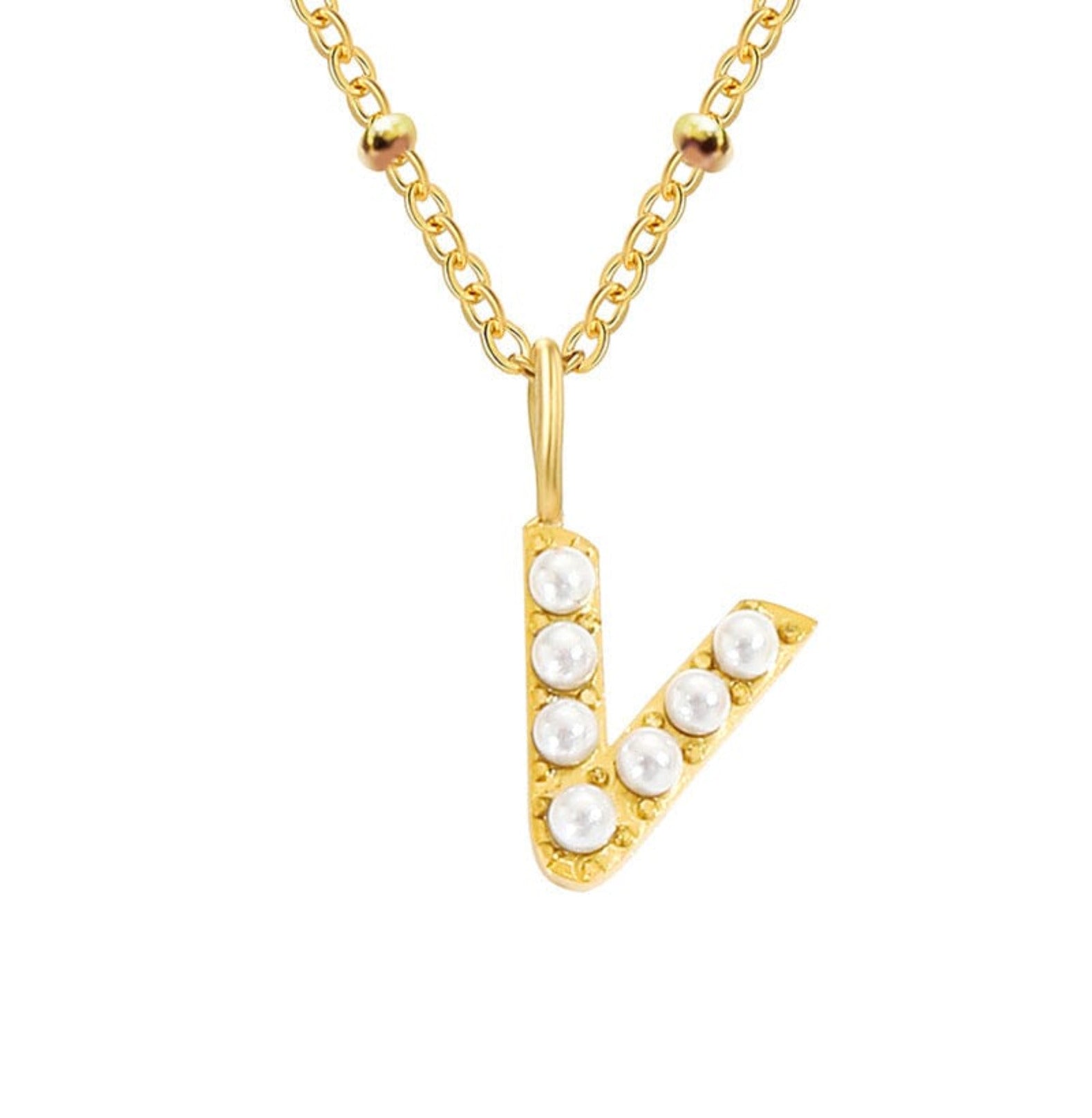 PERSONALISED PEARL INITIAL NECKLACE neck Yubama Jewelry Online Store - The Elegant Designs of Gold and Silver ! V Gold 