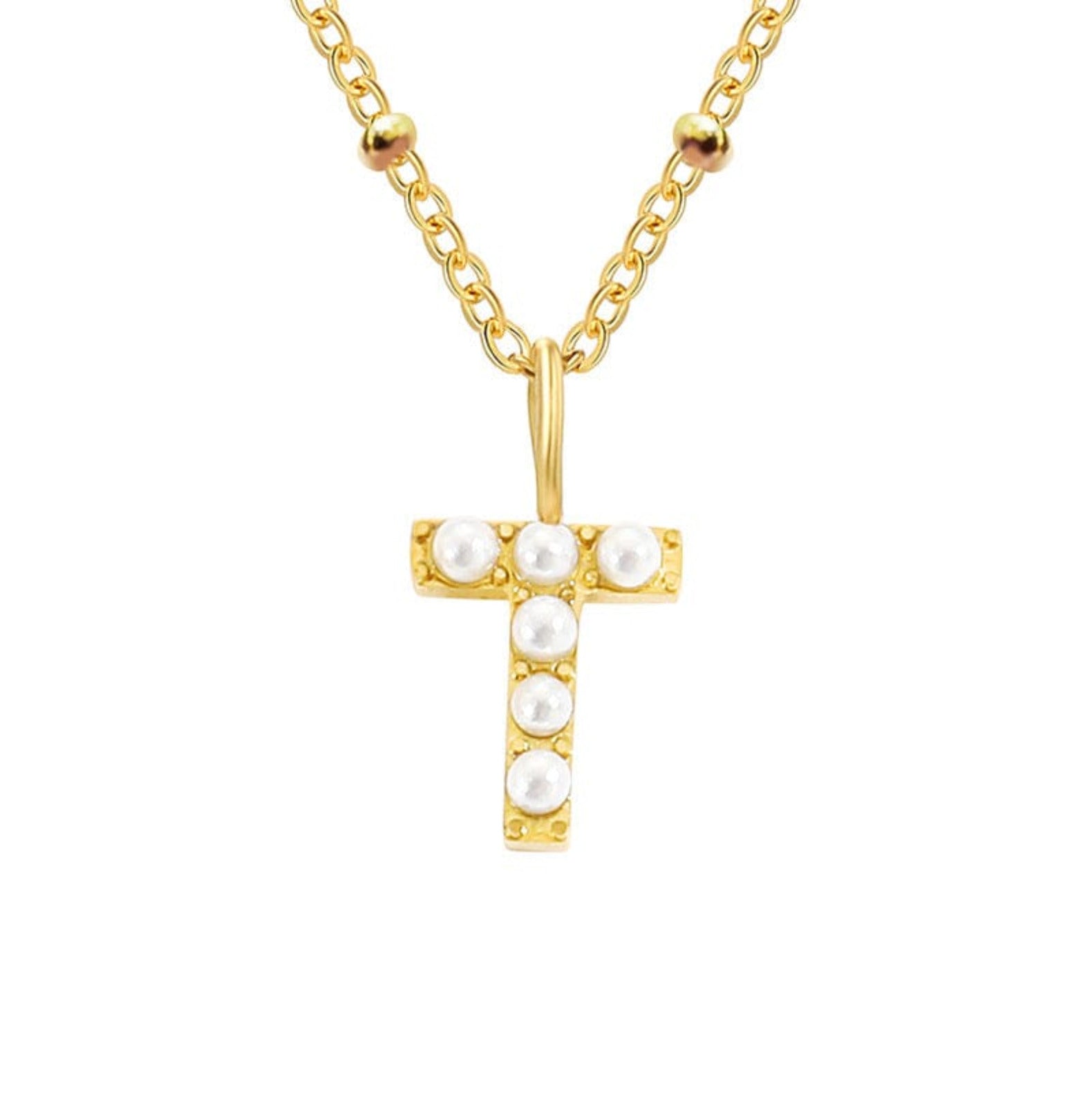 PERSONALISED PEARL INITIAL NECKLACE neck Yubama Jewelry Online Store - The Elegant Designs of Gold and Silver ! T Gold 